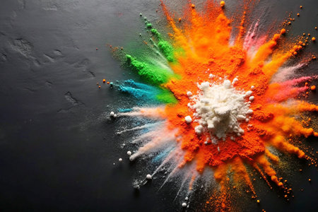 Colorful powder explosion on dark surfaceの素材