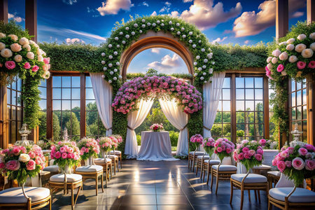 Floral wedding ceremony in a glass conservatoryの素材