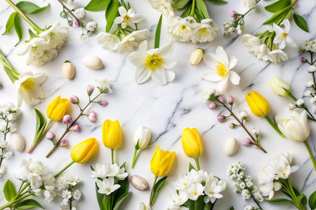 Spring flowers, marble background, Easter eggs, decorative arrangementの素材