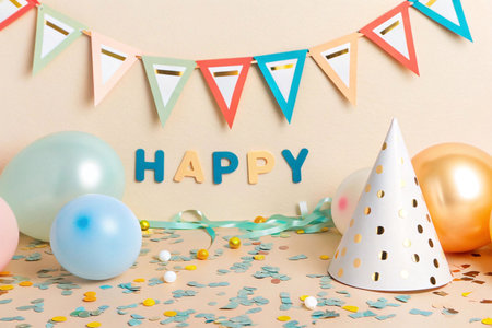 Pastel Birthday Party Decor on Beige Background (1)の素材