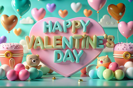 Heart-shaped Valentine's Day display with bears and balloons, studio shotの素材