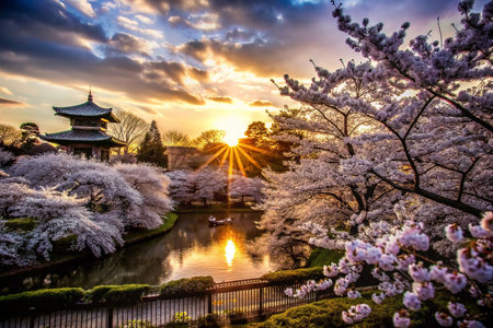 Sunrise over Japanese garden with cherry blossomsの素材