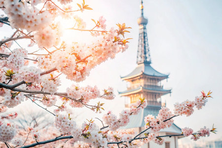Cherry Blossoms in Spring, Japanese Pagoda Backgroundの素材