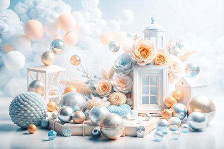 Pastel Decor Scene with Floating Balloons,  Decorative Houses, and Ornamentsの素材