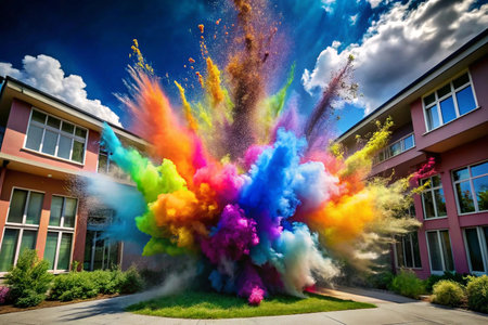 Colorful explosion in front of modern housesの素材