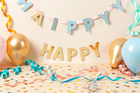 Birthday party decorations, pastel colors, celebration sceneの素材