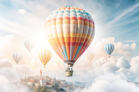 Colorful hot air balloon over a dreamy landscape with other balloonsの素材