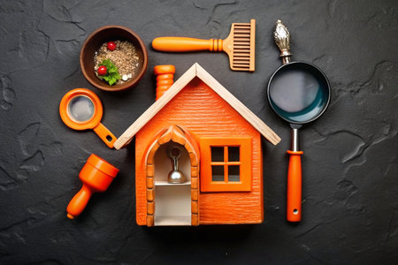 Orange miniature house with kitchen tools on dark surfaceの素材