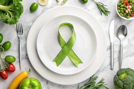 Green Ribbon on Plate, Healthy Food, Awareness, Marble Tableの素材