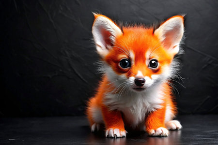 Adorable fox pup, sitting, dark background, studioの素材