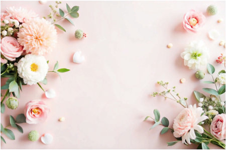 Pastel flowers arrangement on blush pink backgroundの素材