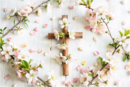 Wooden cross with spring blossoms on white woodの素材