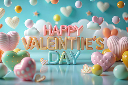 Happy Valentine's Day 3D graphic design with hearts and cloudsの素材