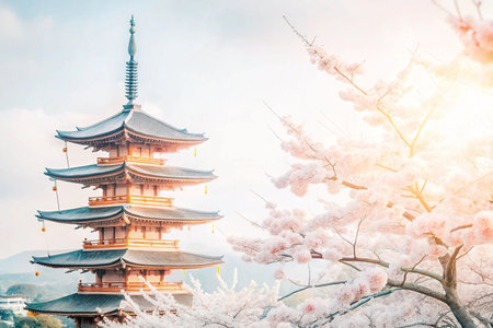 Japan Pagoda Cherry Blossoms Sunriseの素材