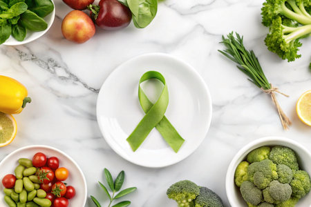 Healthy Diet Awareness, Green Ribbon on Plate, Surrounded by Fruits and Veggies, Promoting Wellnessの素材