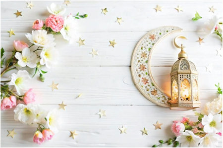 Floral Ramadan lantern on white wooden backgroundの素材