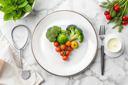Heart-shaped vegetable platter on white plate, healthy eating, marble table settingの素材