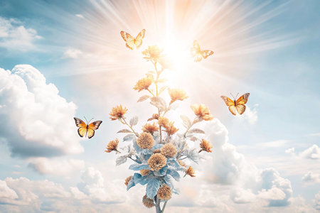 Sky flowers, butterflies, bright light, clouds, inspirationalの素材