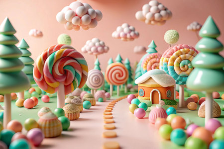 Candyland village scene with path, pastel colors, clouds, and treesの素材