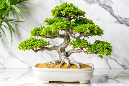 Elegant bonsai on marble, indoor, lush greeneryの素材
