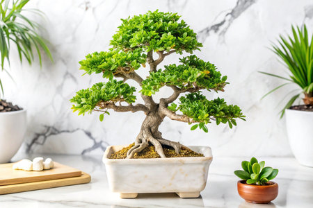 Stylish bonsai in modern kitchen settingの素材