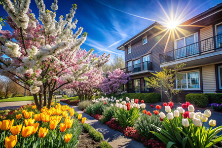 Spring blossoms, colorful tulips, and a homeの素材