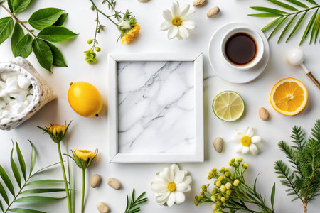 White marble frame surrounded by flowers, fruits, and leaves on white background; coffee cup in the centerの素材