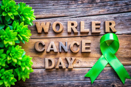 Wooden World Cancer Day message with green ribbon, succulentsの素材