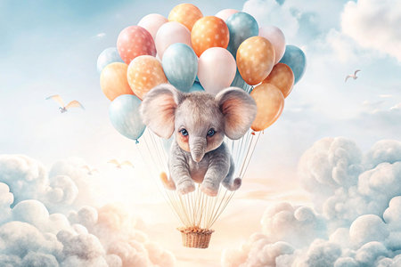 Cute elephant floats on balloons, sky, clouds, birdsの素材