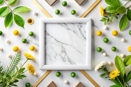 White marble frame, greenery, flowers, and colorful balls on gold cross designの素材