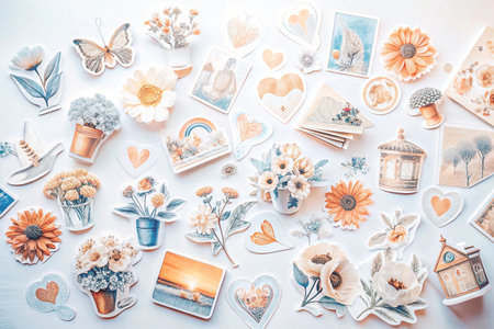 Flat lay of decorative paper cutouts, flowers, hearts, and more, on white background.  Possible use for scrapbook or card makingの素材