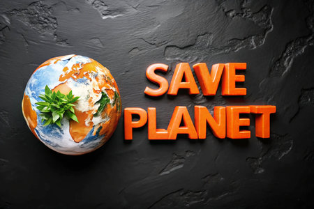 Earth model, save planet, dark stone background, environmental messageの素材