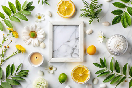 White marble frame, floral, citrus, spa, aesthetic displayの素材