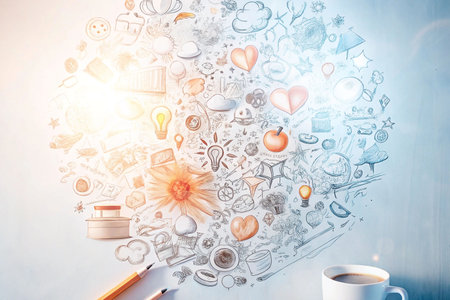 Creative brainstorming, sketches, ideas, light, coffee tableの素材