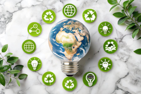 Earth globe in lightbulb, sustainable symbols, marble surface, environmental conceptの素材