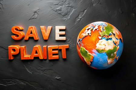 Save Planet Earth message with globe on dark surfaceの素材
