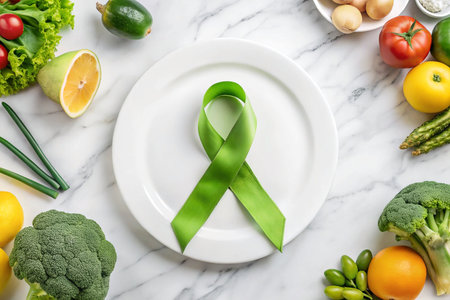 Green ribbon on plate surrounded by fresh produceの素材