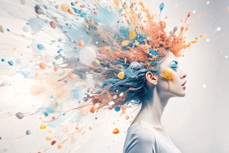 Colorful paint explosion portrait of a woman in studioの素材