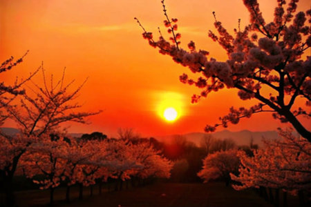 Sunrise through cherry blossoms, vibrant colors, tranquil sceneの素材