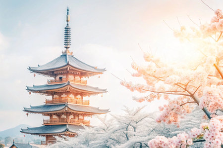 Japan Pagoda Sakura Blossoms Spring Sunriseの素材