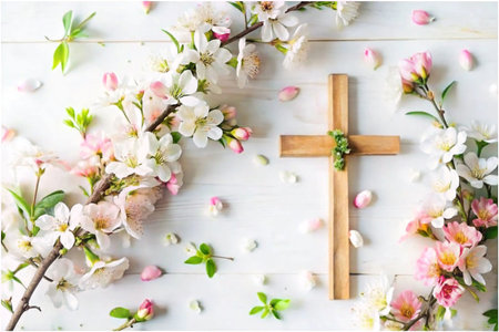 Spring flowers, cross on white wood, peaceful, religious backgroundの素材