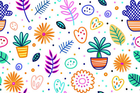 Colorful floral pattern with plants in pots on white backgroundの素材