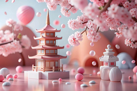 Pink Cherry Blossom Pagoda Scene, Spring Aesthetic, Digital Artの素材