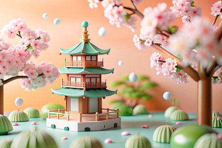 3D Asian Pagoda, Cherry Blossoms, Spring, Calm Sceneの素材