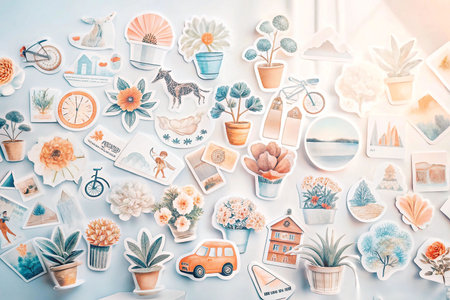 Colorful paper cutouts, assorted designs, light blue background, sunny sceneの素材