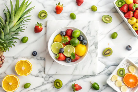 Colorful fruit salad in bowl, marble surface, vibrant backgroundの素材