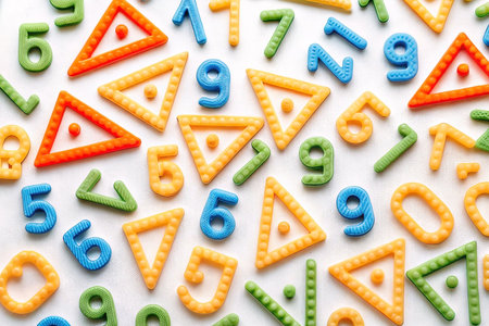Colorful numbers and triangles on white backgroundの素材
