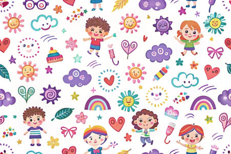 Children's Pattern with Cute Characters and Cartoon Elementsの素材