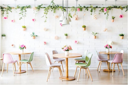 Floral cafe interior, pastel colors, tables and chairsの素材