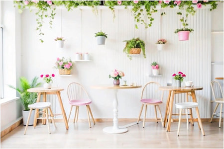 Cozy cafe interior with hanging plants and flowersの素材